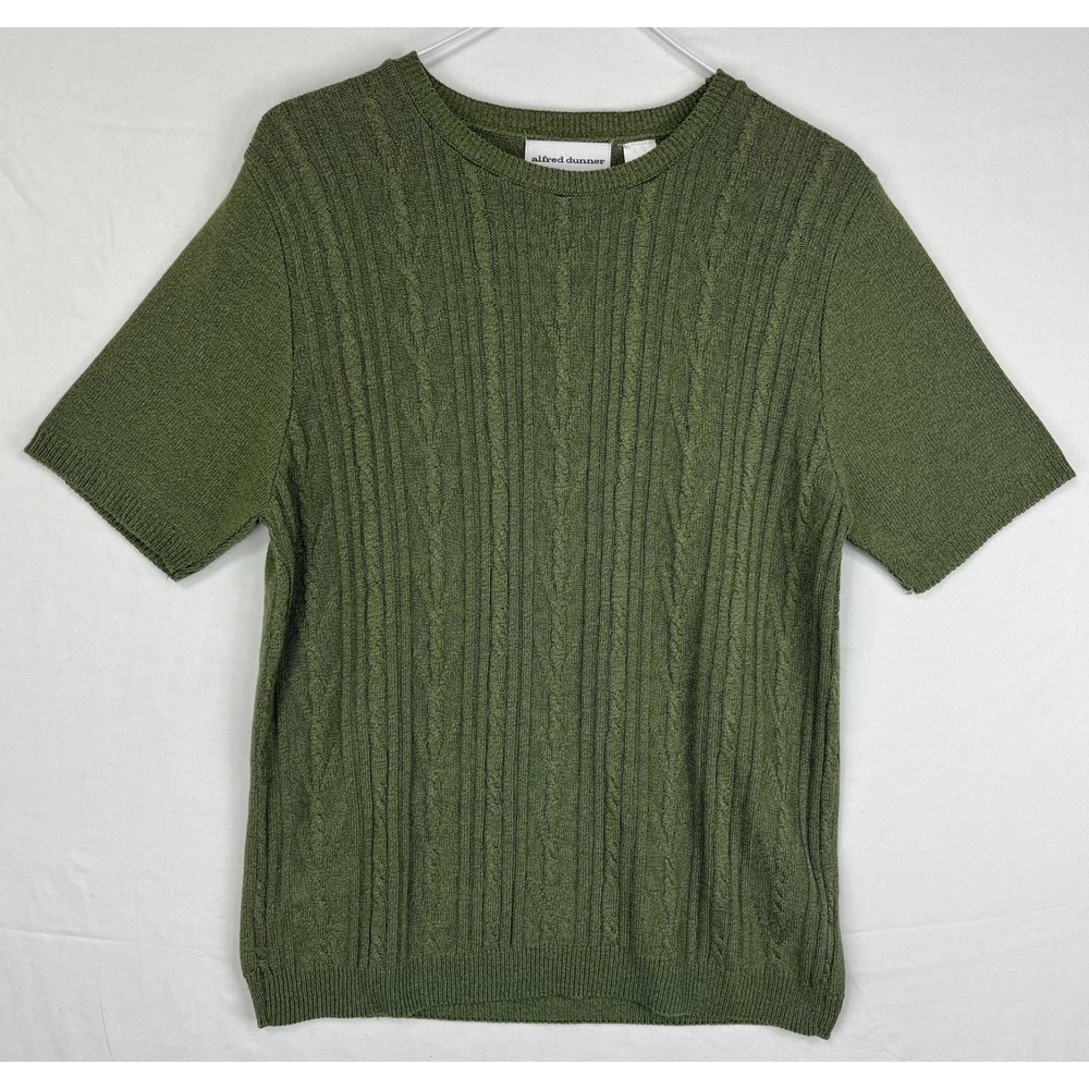 Vintage Alfred Dunner Sweater Womens Small Green Short Sleeve Cable Knit USA 90s